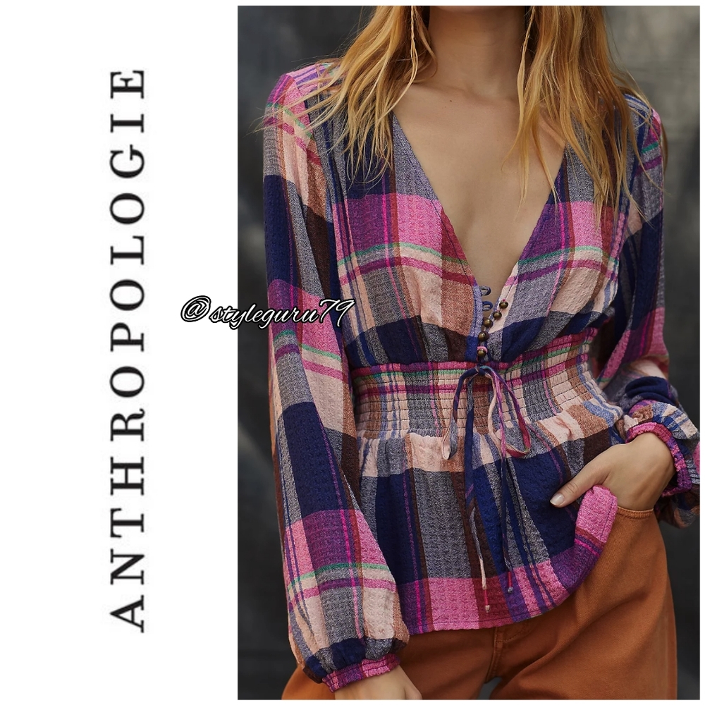 NWT, Anthropologie, Pilcro Plaid Deep-V Blouse - Picture 2 of 2